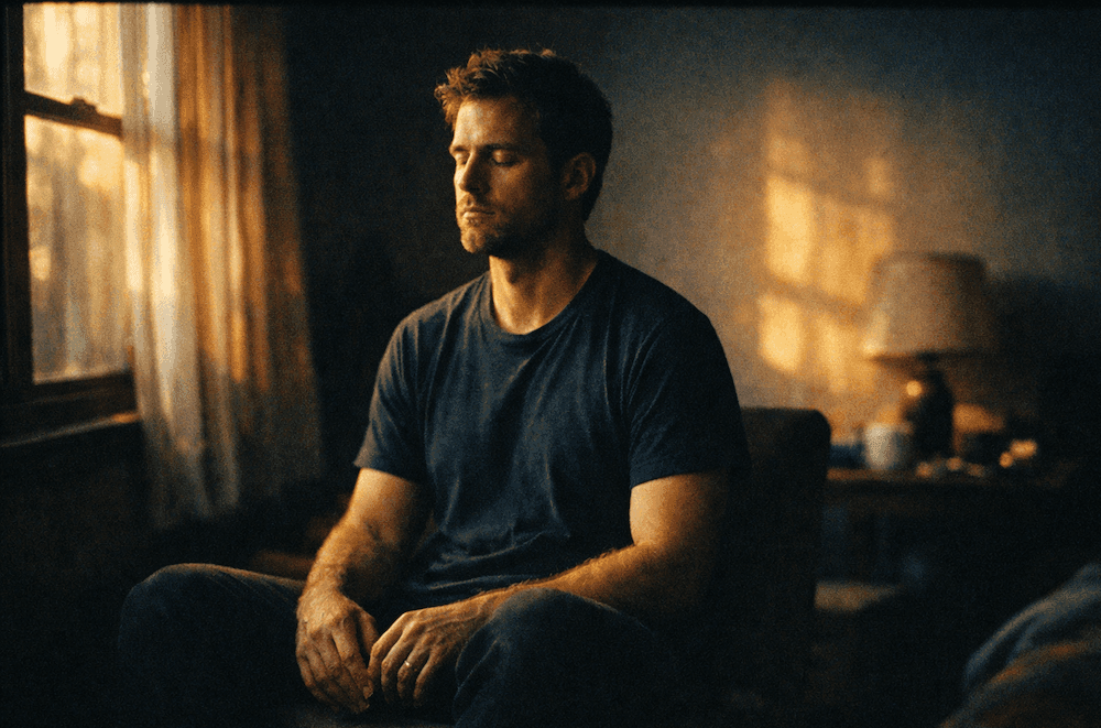 Männliche Präsenz. Ein Mann in ruhiger, geerdeter Aufmerksamkeit.